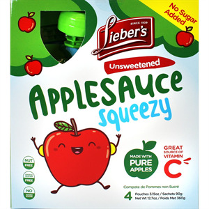 Lieber's  Applesauce Squeezy Unsweetened, 4 Pk